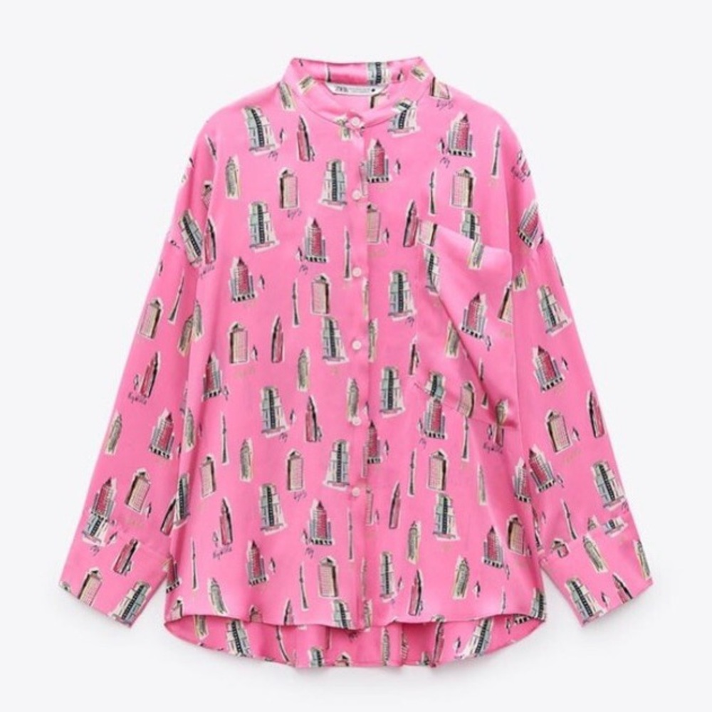 Zara Vibrant Pink Shirt with Artistic pen & ink cityscape Print S